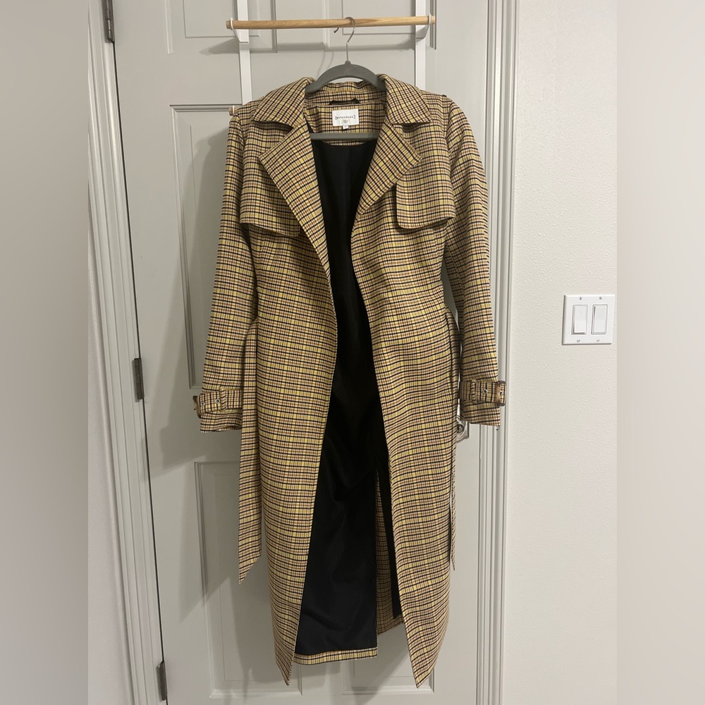 Warehouse checked long trench coat in size 10 in tan color